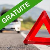Red emergency stop sign and broken silver car on the road Red emergency stop sign and broken car on the road